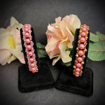 Pixie Bracelet pattern, Two pink pearl and crystal bracelets with some peach roses.