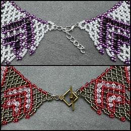 A close up photo of a beaded lace necklace.