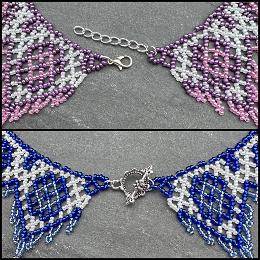 A close up photo of a beaded lace necklace.
