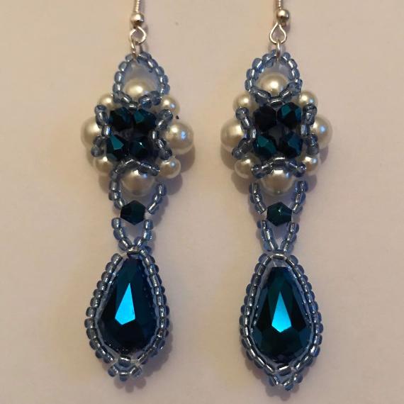 Blue and white Hulton Abbey earrings made with pale blue silver-lined seed beads.