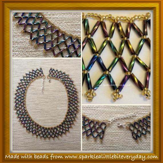 Bugle bead netted necklace made from gold seed beads and rainbow metallic twisted bugle beads.
