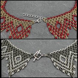 A close up photo of a beaded lace necklace.