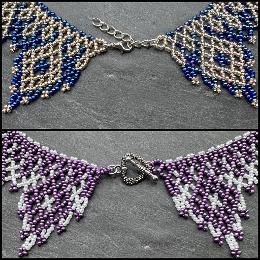 A close up photo of a beaded lace necklace.