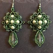 Demeter earrings made from green pearls, crystals and seed beads chosen to represent the harvest.