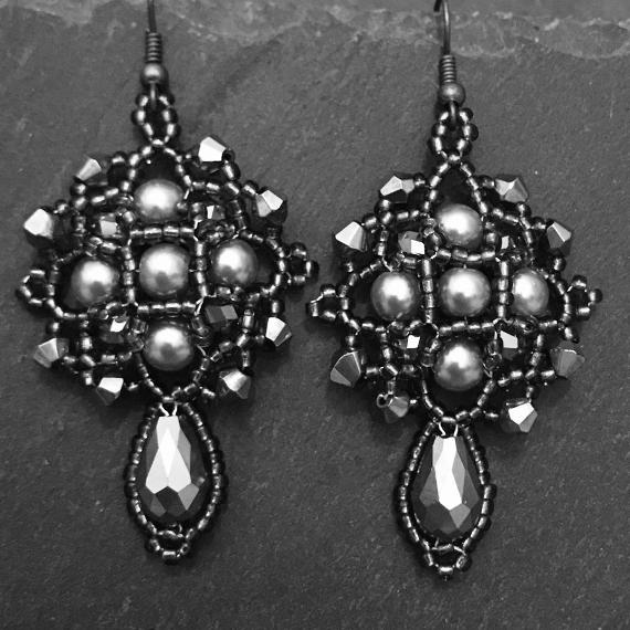 Demeter earrings in grey. I cheated with this photo and turned the gold earrings into a black and white photo because I had run out of grey beads.