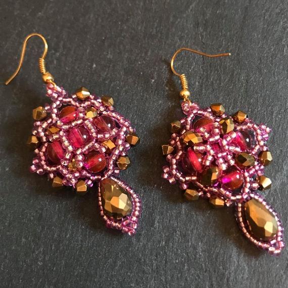 Front and back view of the pink and gold Demeter earrings.