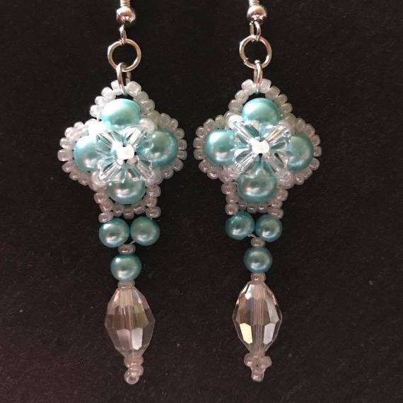 Pretty in Pink earrings made with pale turquoise pearls with a faceted oval crystal bead replacing the teardrop.