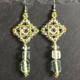 Tudor Square earrings made from green glass beads.