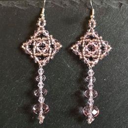 Tudor Square earrings made from pink crystals in different shapes and sizes.