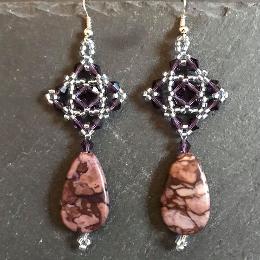 Tudor Square earrings made from purple crystal bicones, silver seed beads and a purple jasper semi-precious stone flat teardrop.