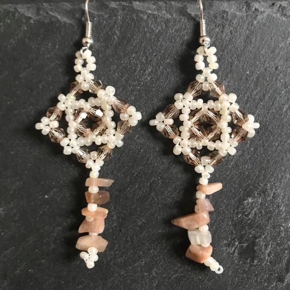 Tudor Squares earrings made with chips of sunstone semi-precious stones.