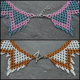 A close up photo of a beaded lace necklace.