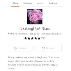A photo of the front page of my etsy shop. My patterns can be doenloaded from there instantly after purchase.