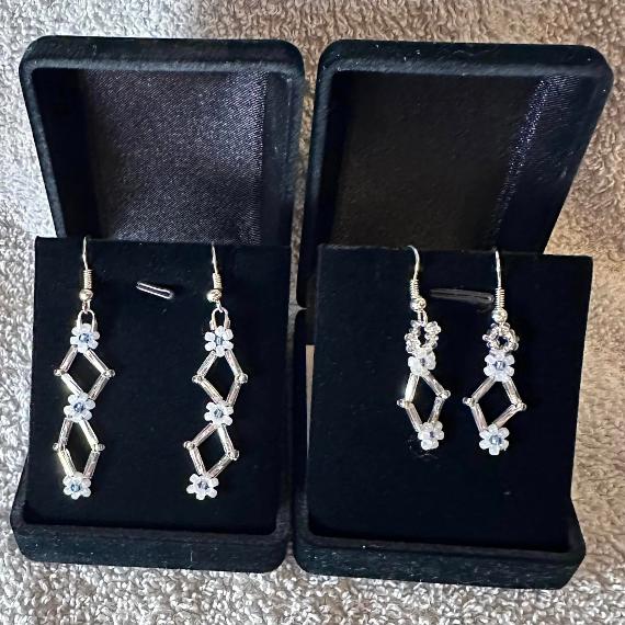 Two pairs of earrings in velvet boxes.