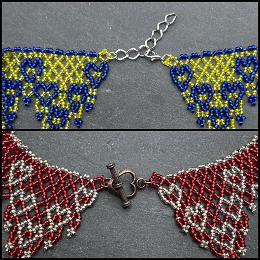 A close up photo of a beaded lace necklace.