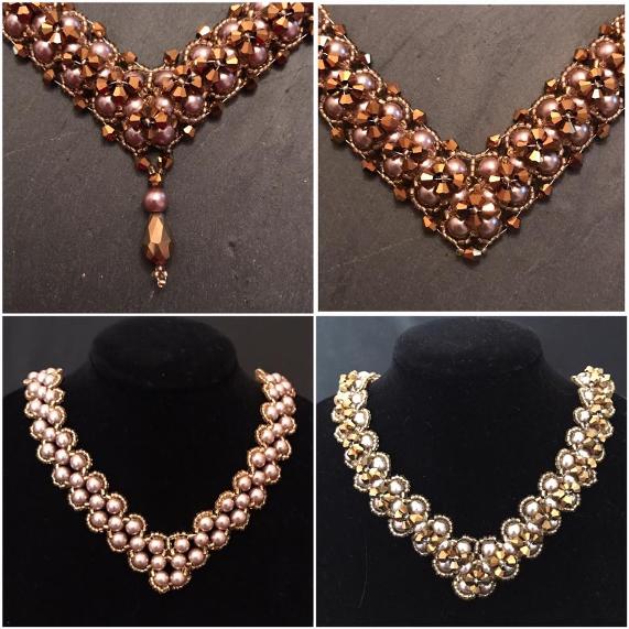 Four versions of the Lady Victoria necklace pattern, with and without embellishment with crystal bicones, and with and without a central drop added at the front.