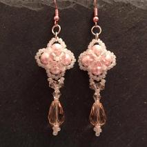 Earrings that are pink and pretty, made from pearls and crystals.