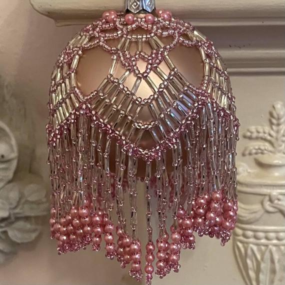 Chandelier bauble. Pink and silver beads on a pink bauble.