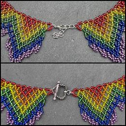 A close up photo of two different types of clasps on a beaded collar necklace.