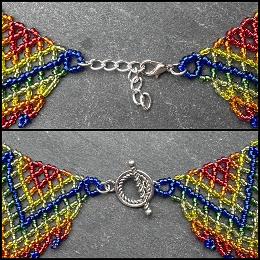 A close up photo of a beaded lace necklace.