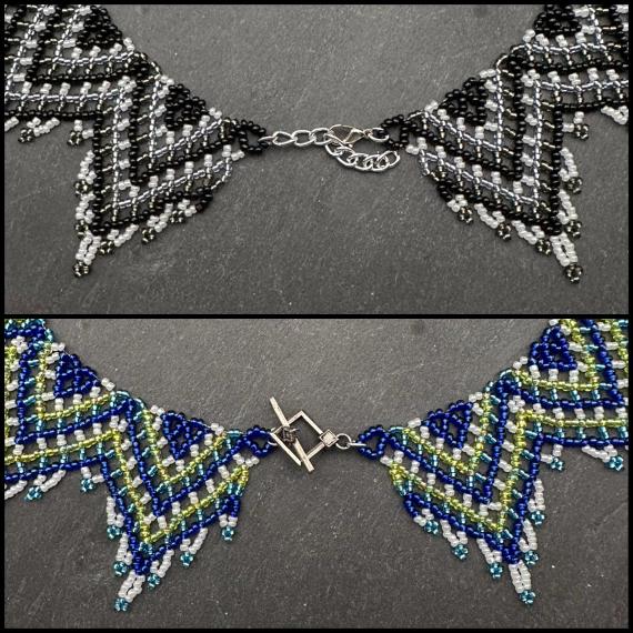 A close up view of two different types of clasps to fasten a necklace.